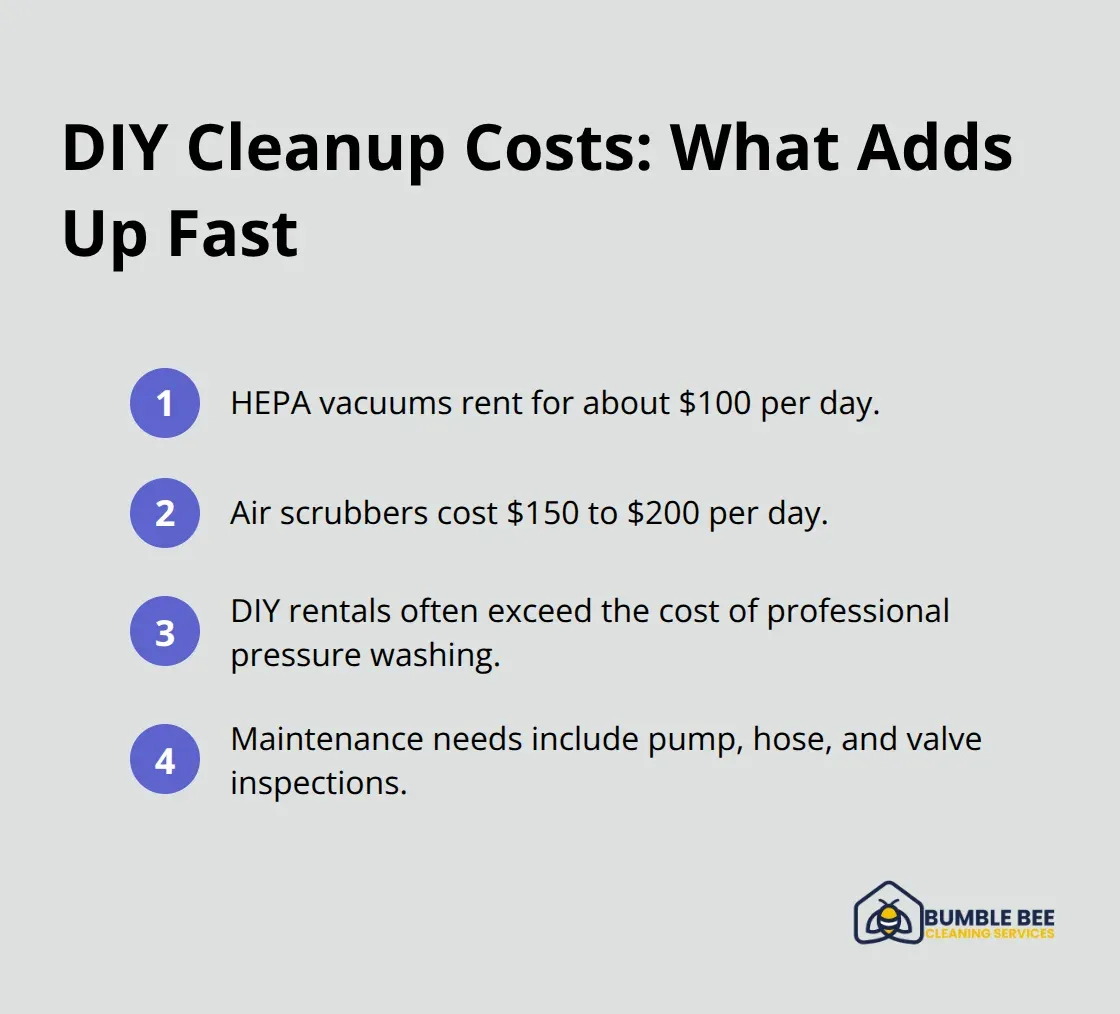 Compact list highlighting daily rental rates and hidden costs for DIY post-construction cleanup. - Pressure washing