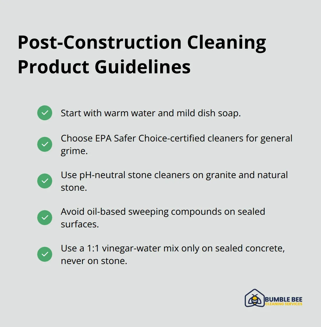 Checklist of safe product choices for sealed concrete and stone after construction. - Sealed surface care