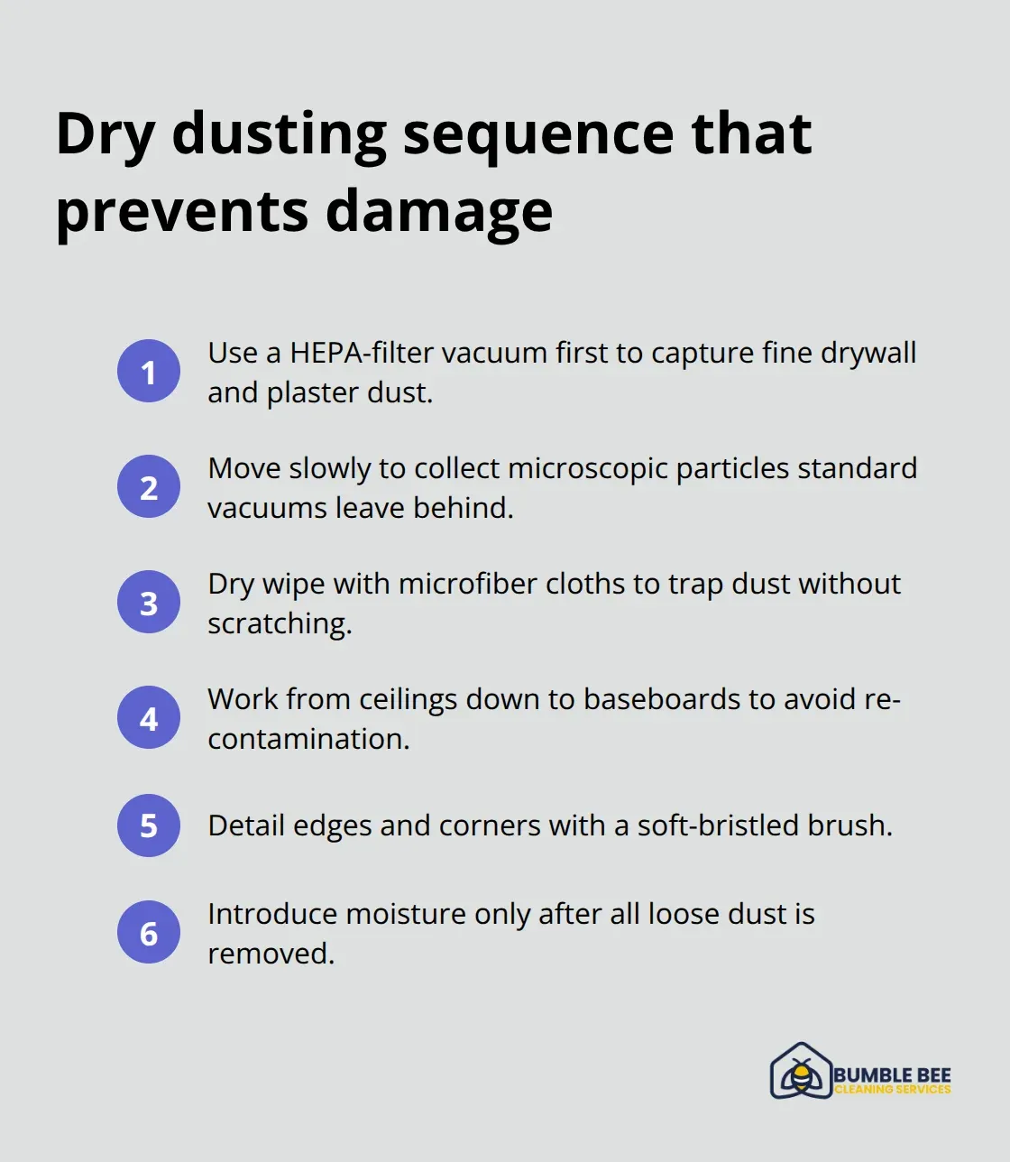 Compact ordered list of the correct dry dusting steps to follow before any wet cleaning after renovation.
