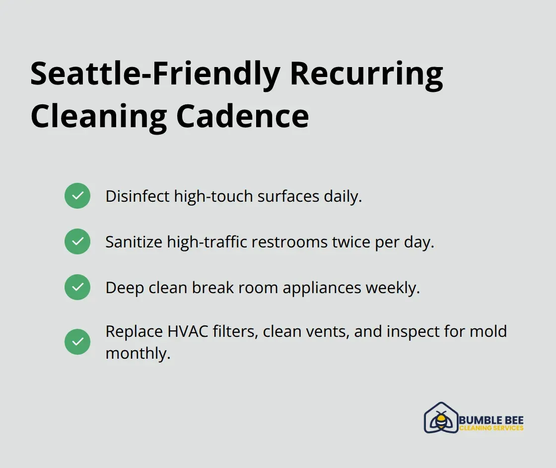Checklist of daily, twice-daily, weekly, and monthly cleaning tasks for Seattle facilities.