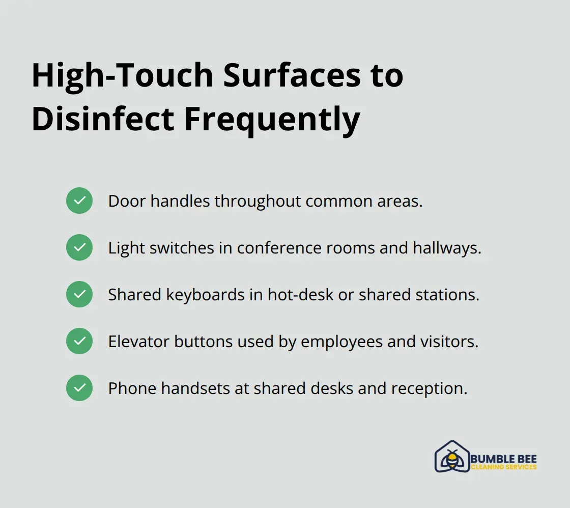 Checklist of common high-touch office surfaces that need frequent disinfection to meet compliance. - Commercial hygiene standards