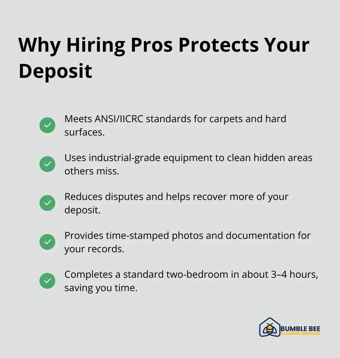 Checkmark list of benefits of professional move-out cleaning that protect your security deposit.