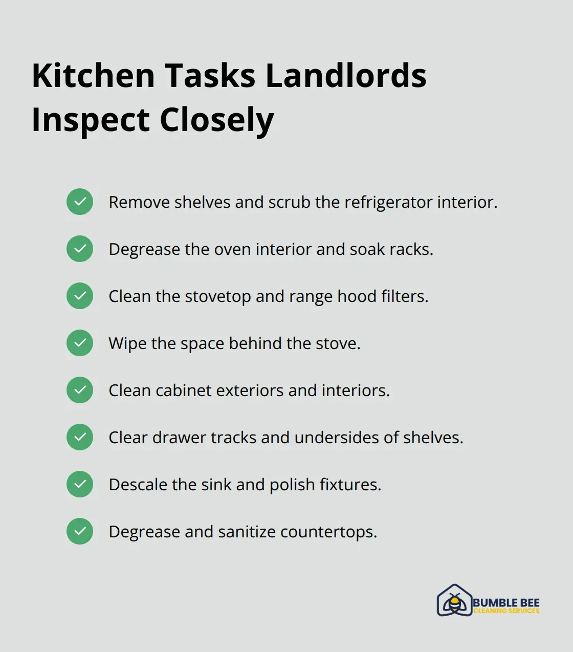 Checklist of high-impact kitchen cleaning tasks to pass move-out inspection.