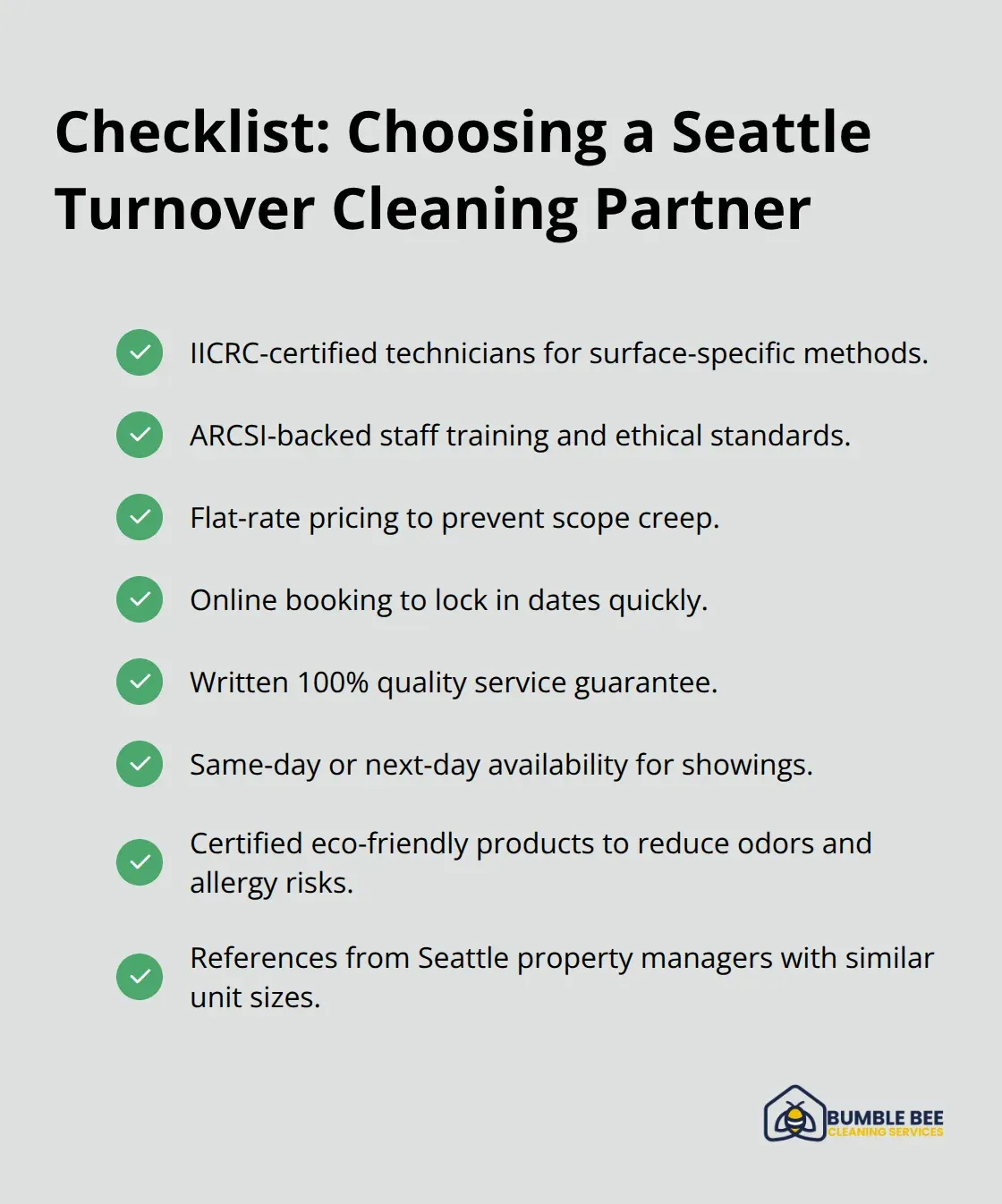 Checklist of credentials, policies, and capabilities to verify in a turnover cleaning provider