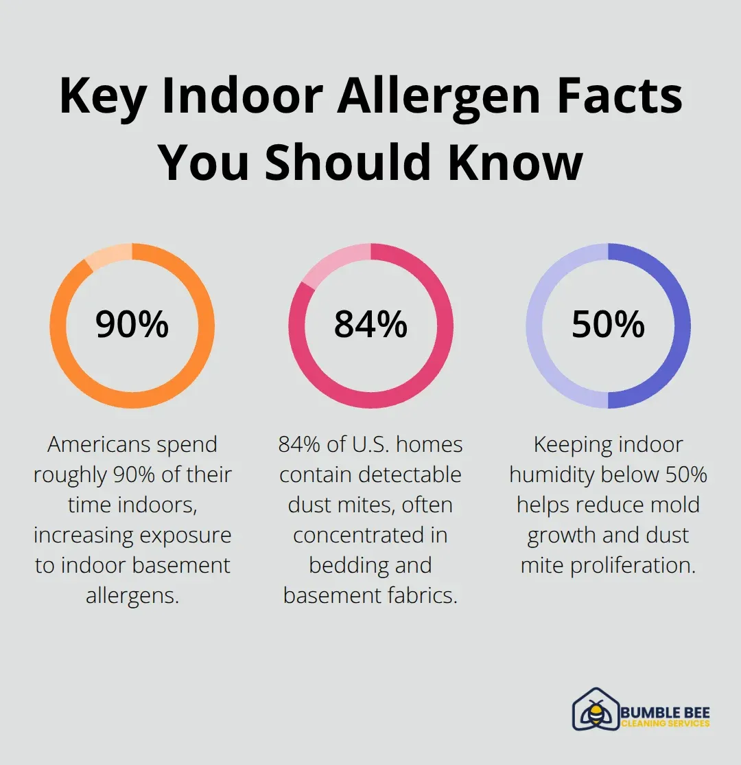 Chart showing 90% indoor time, 84% homes with dust mites, and humidity control below 50%.