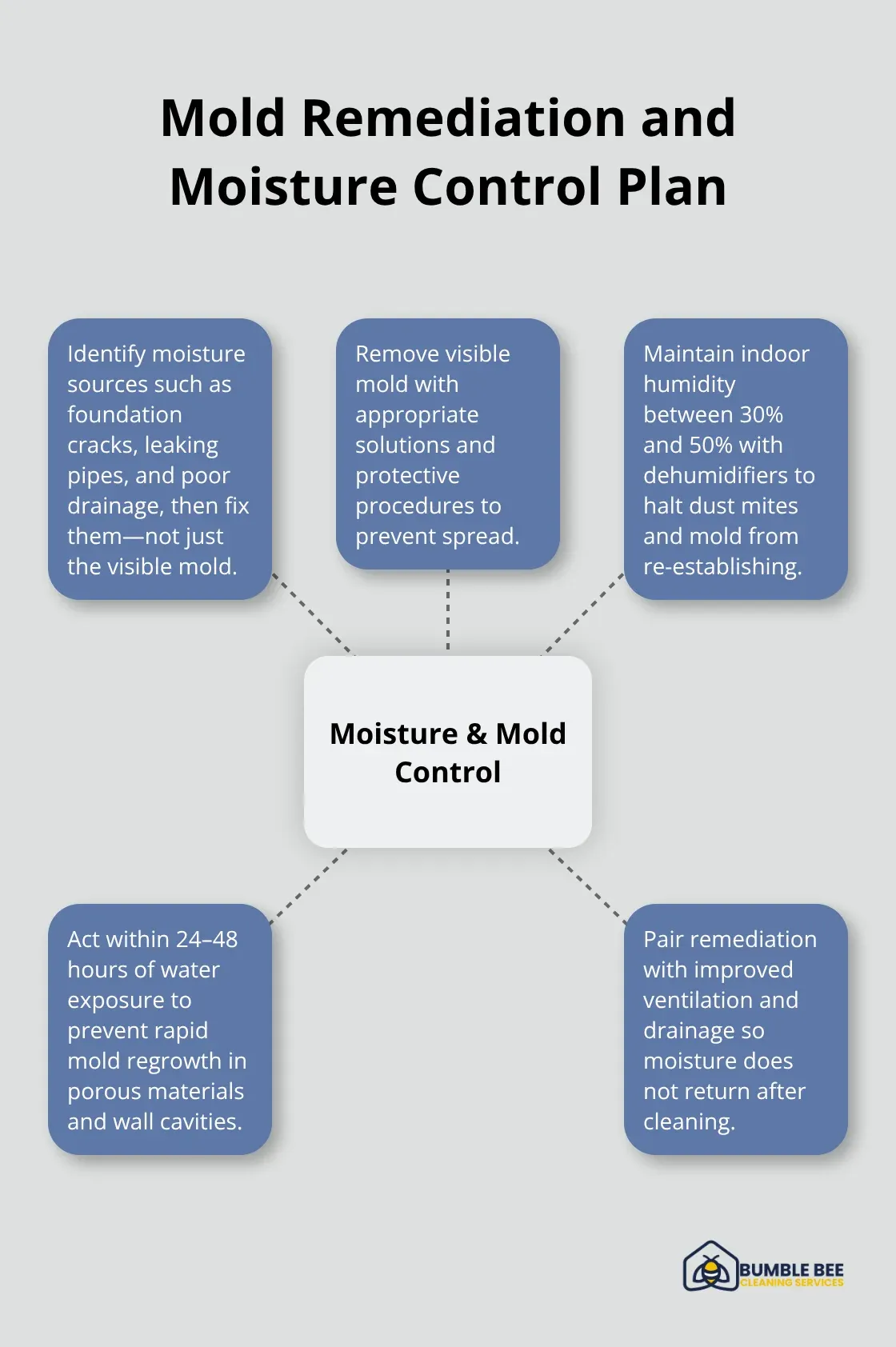 Hub-and-spoke diagram outlining key steps for basement mold remediation and humidity control. - Basement allergens