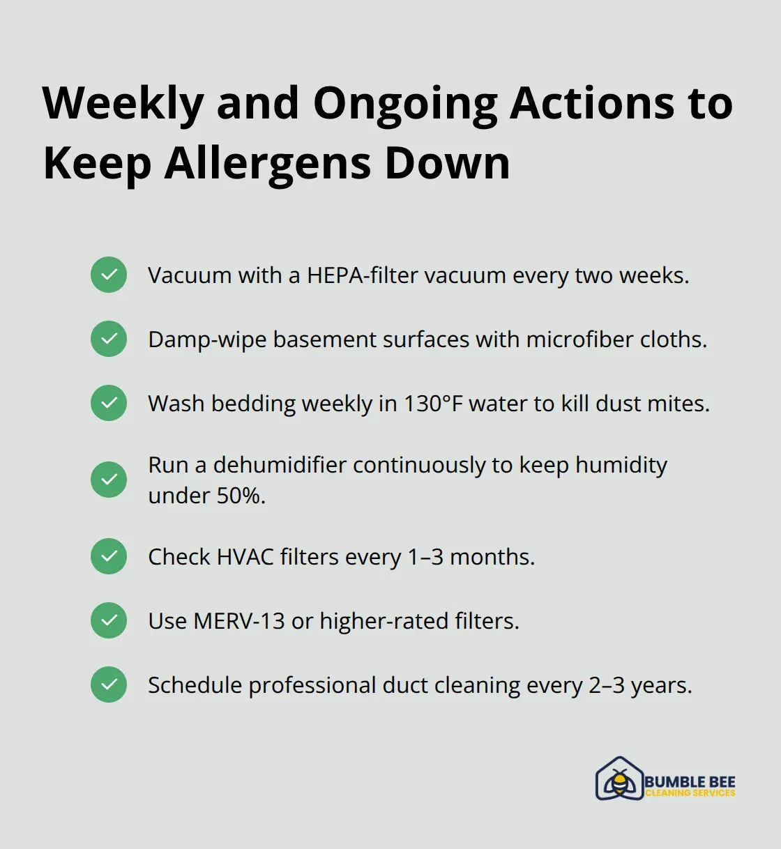 Checklist of weekly and seasonal basement allergen maintenance steps. - Basement allergens