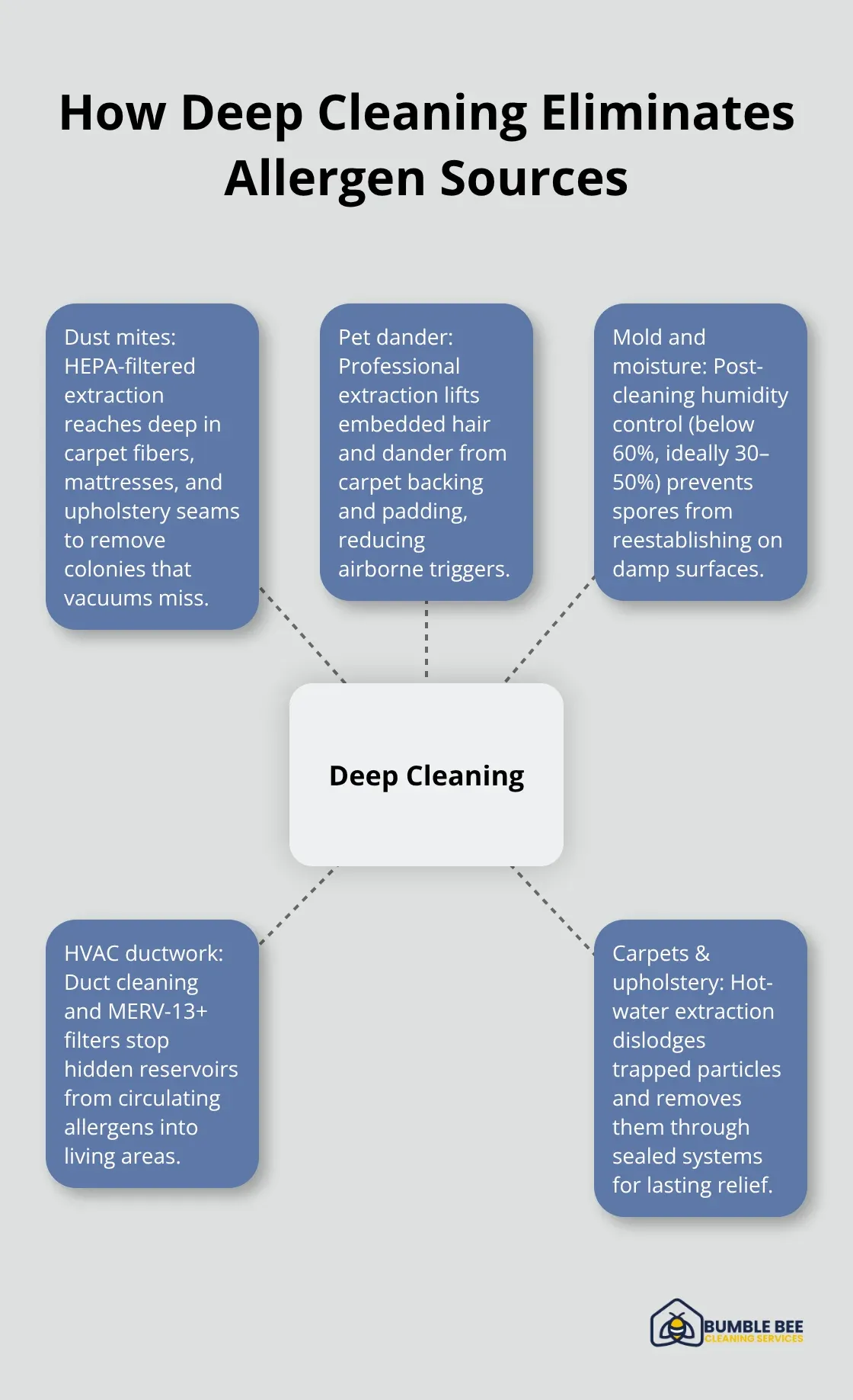 Hub-and-spoke diagram of deep cleaning targeting dust mites, pet dander, mold, HVAC ducts, and carpets/upholstery - Dust allergens
