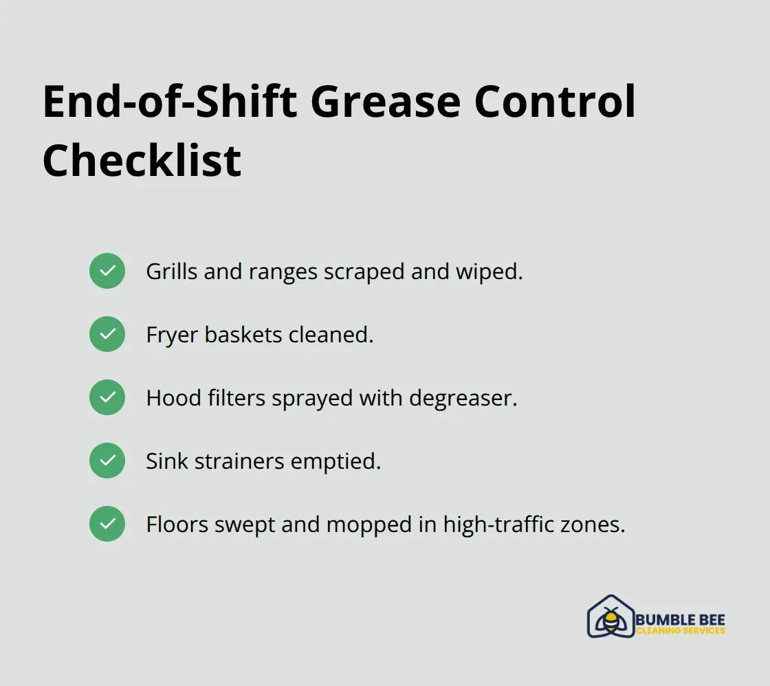 Checklist of end-of-shift cleaning tasks that prevent grease buildup in restaurant kitchens.