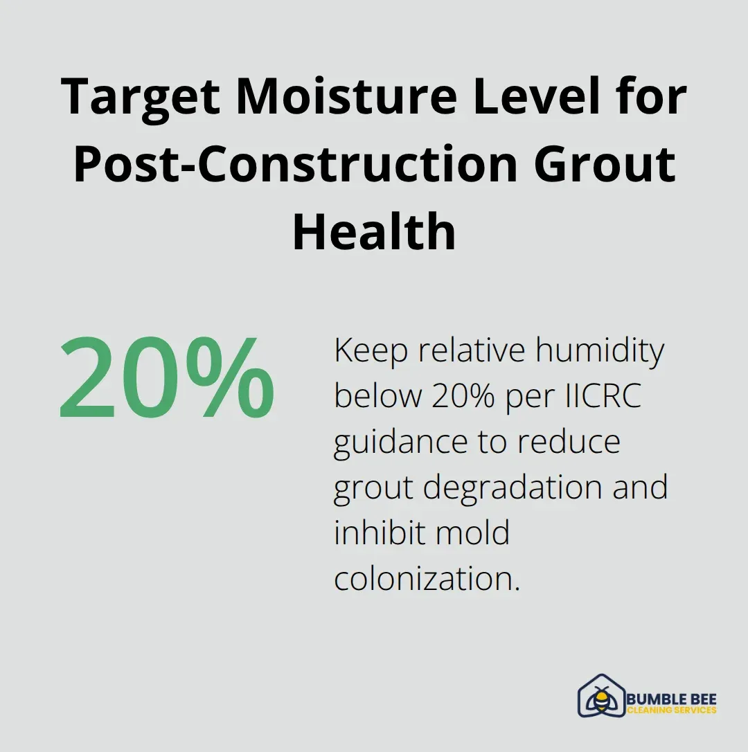 Percentage chart showing the IICRC-recommended moisture control target below 20% relative humidity to prevent grout degradation and mold.