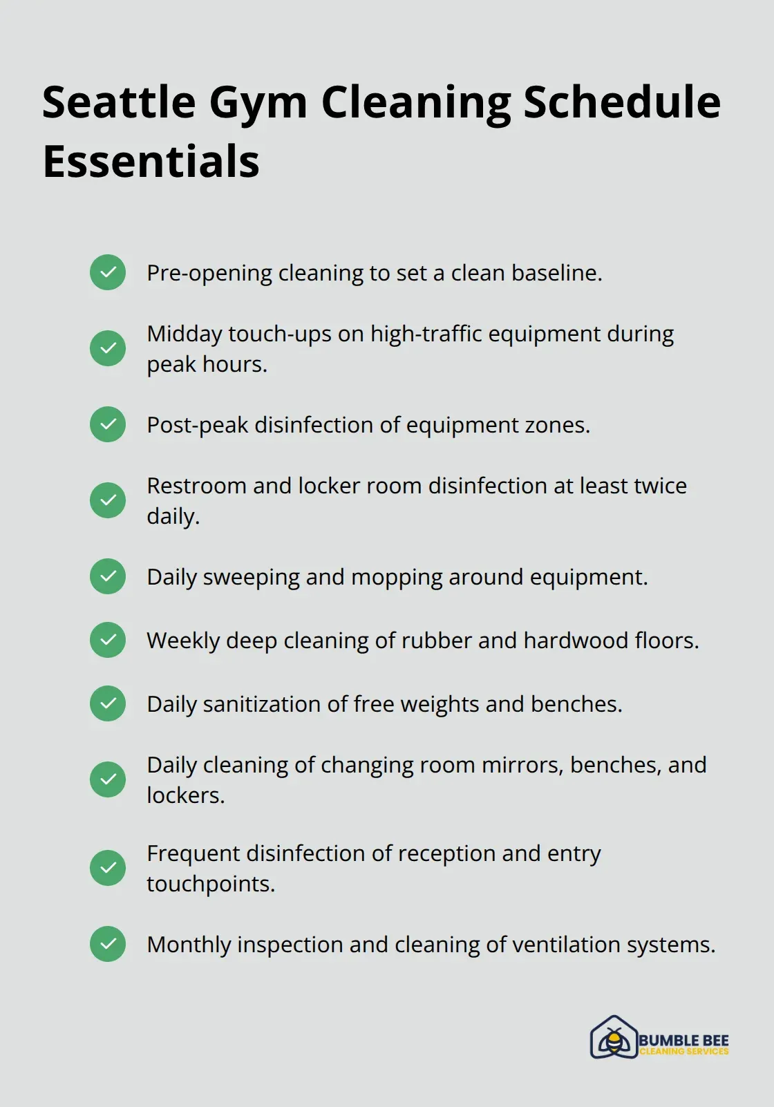 Essential daily, weekly, and monthly cleaning tasks for Seattle gyms.