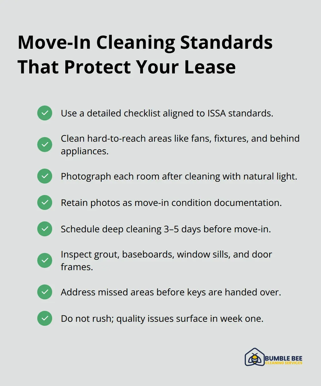Checkmark list of critical move-in cleaning standards and timing for U.S. rentals. - Rental readiness
