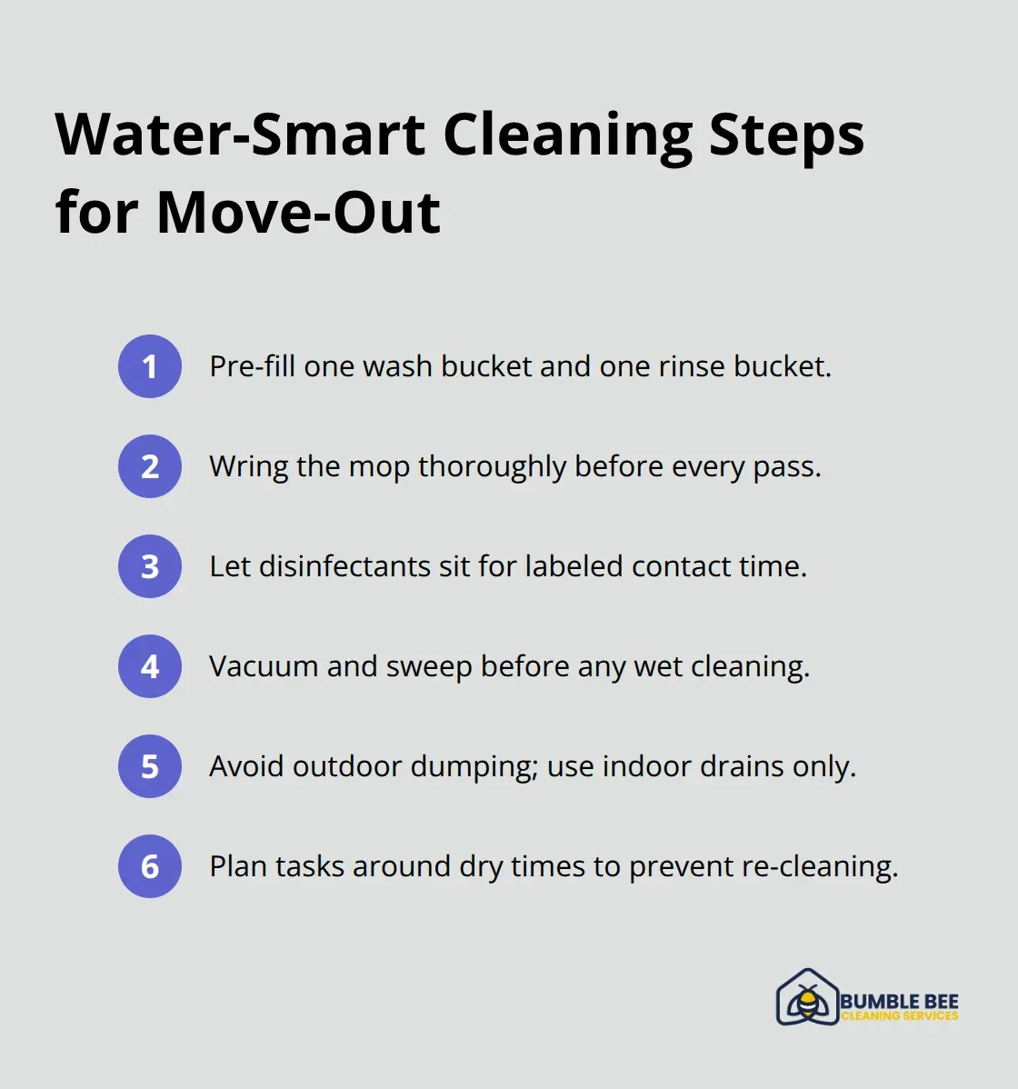 Compact list of actions to cut water use during cleaning - Eco-friendly moveout