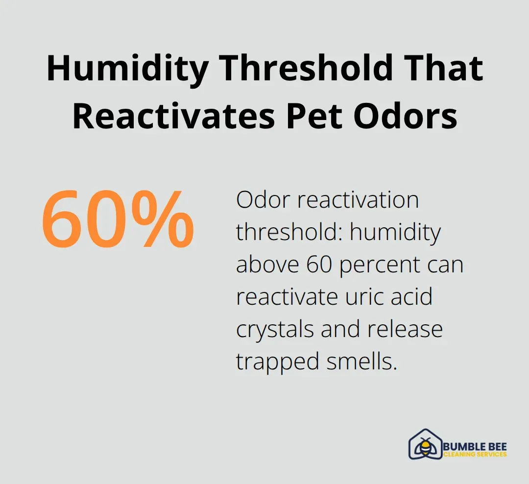 Graphic showing the 60 percent humidity threshold that reactivates pet urine odors. - Odor neutralization