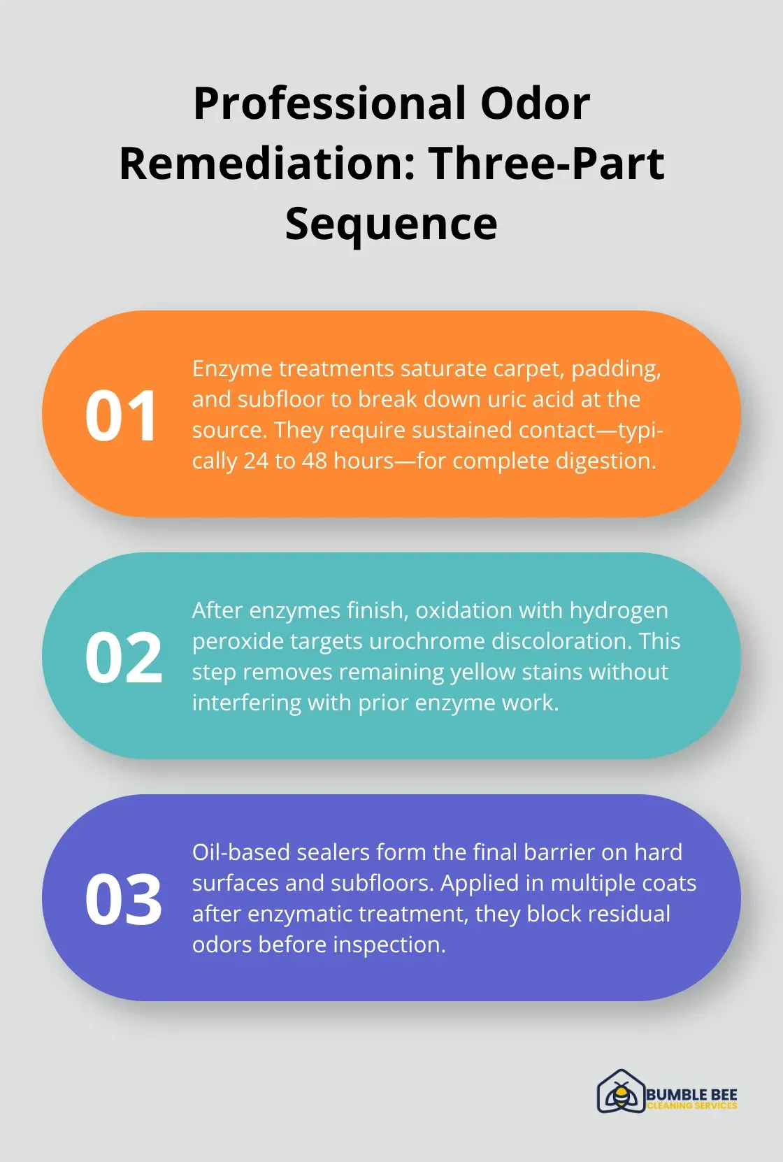 Three-step overview of professional pet odor removal: enzymes, oxidation, and oil-based sealing.
