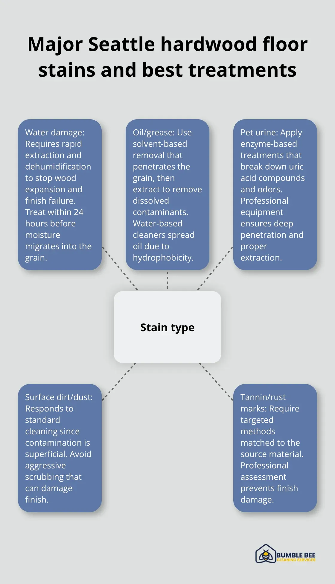 Diagram showing common Seattle hardwood floor stain types and the matched professional treatments - Stain extraction