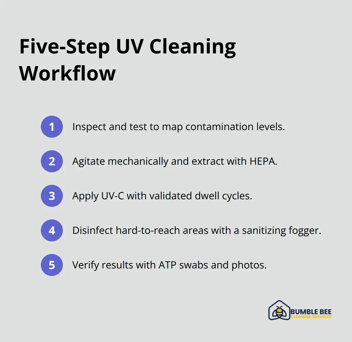 Compact list showing the recommended five-step UV sanitation process - UV sanitizing