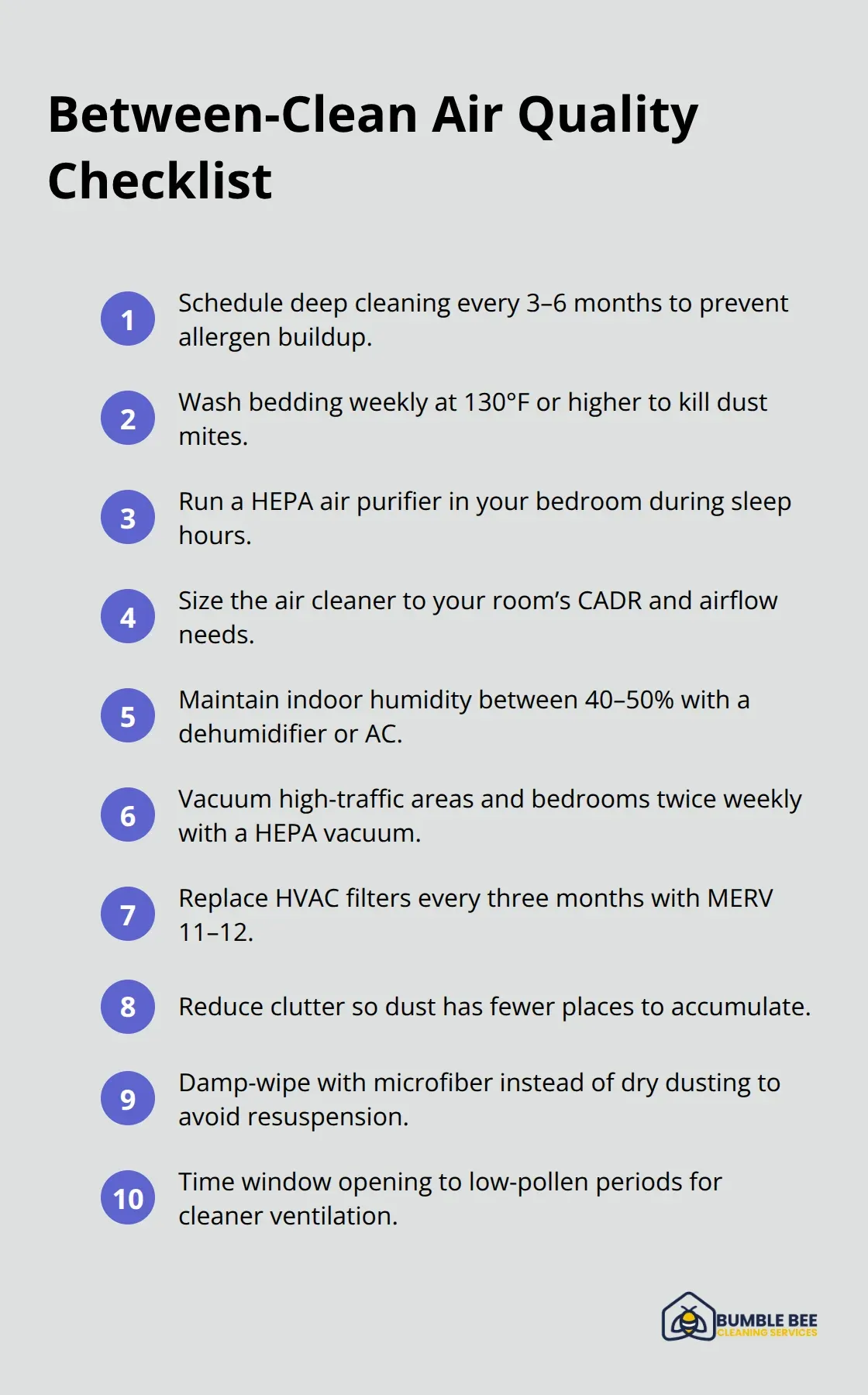 Actionable steps to keep indoor air clean between professional deep cleans, including washing bedding hot, HEPA filtration, humidity control, vacuuming, and filter changes. - Allergen management
