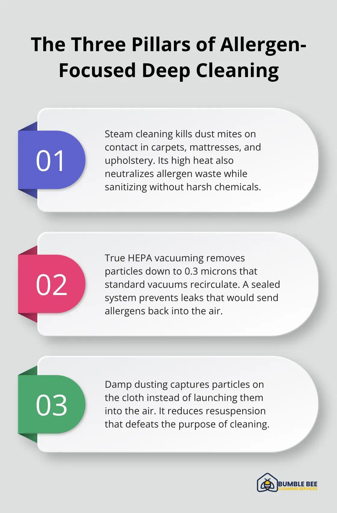 Three-point explainer on steam cleaning, HEPA vacuuming, and damp dusting - Allergy relief