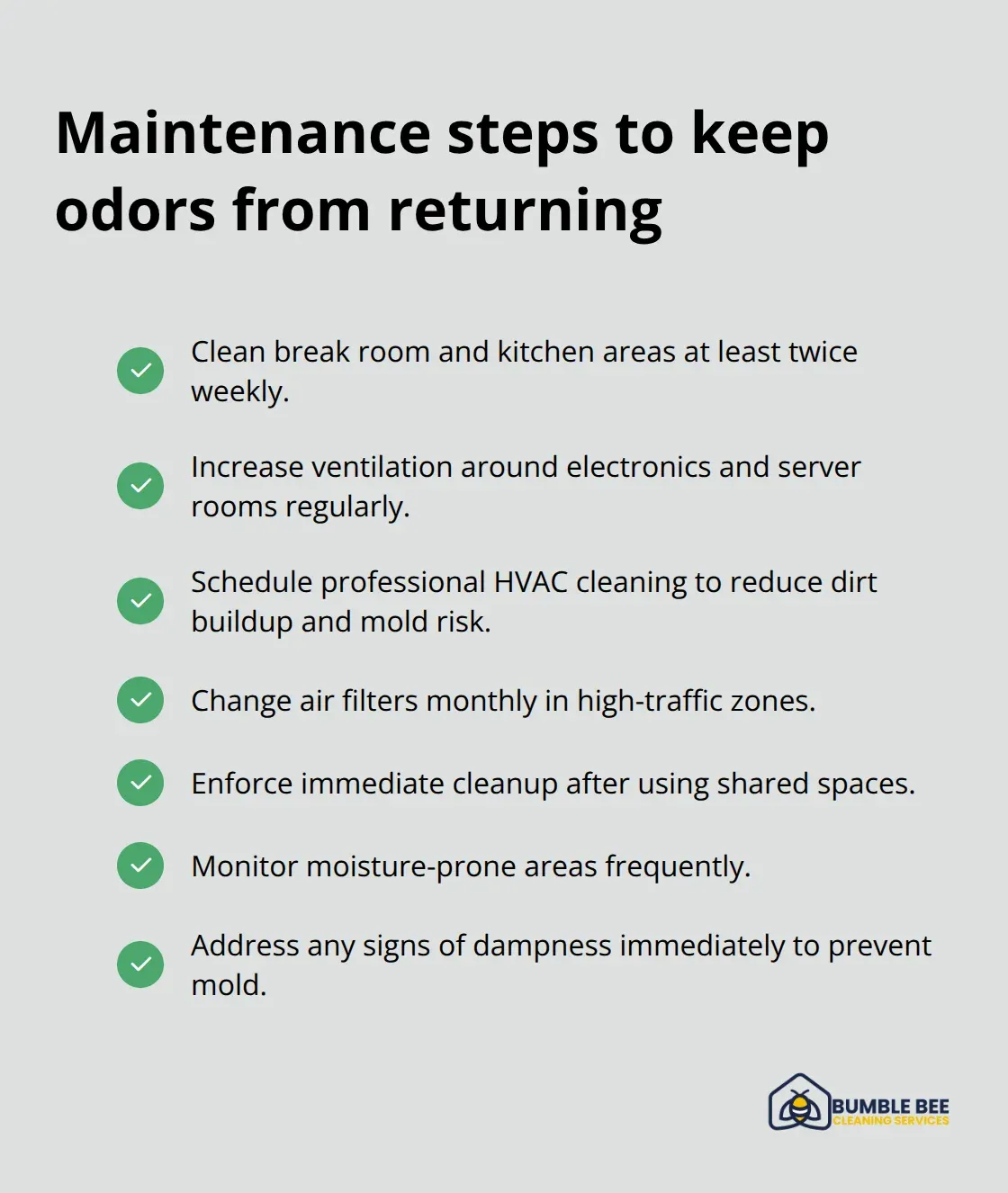 Checkmark list of key maintenance actions between treatments - Commercial odors