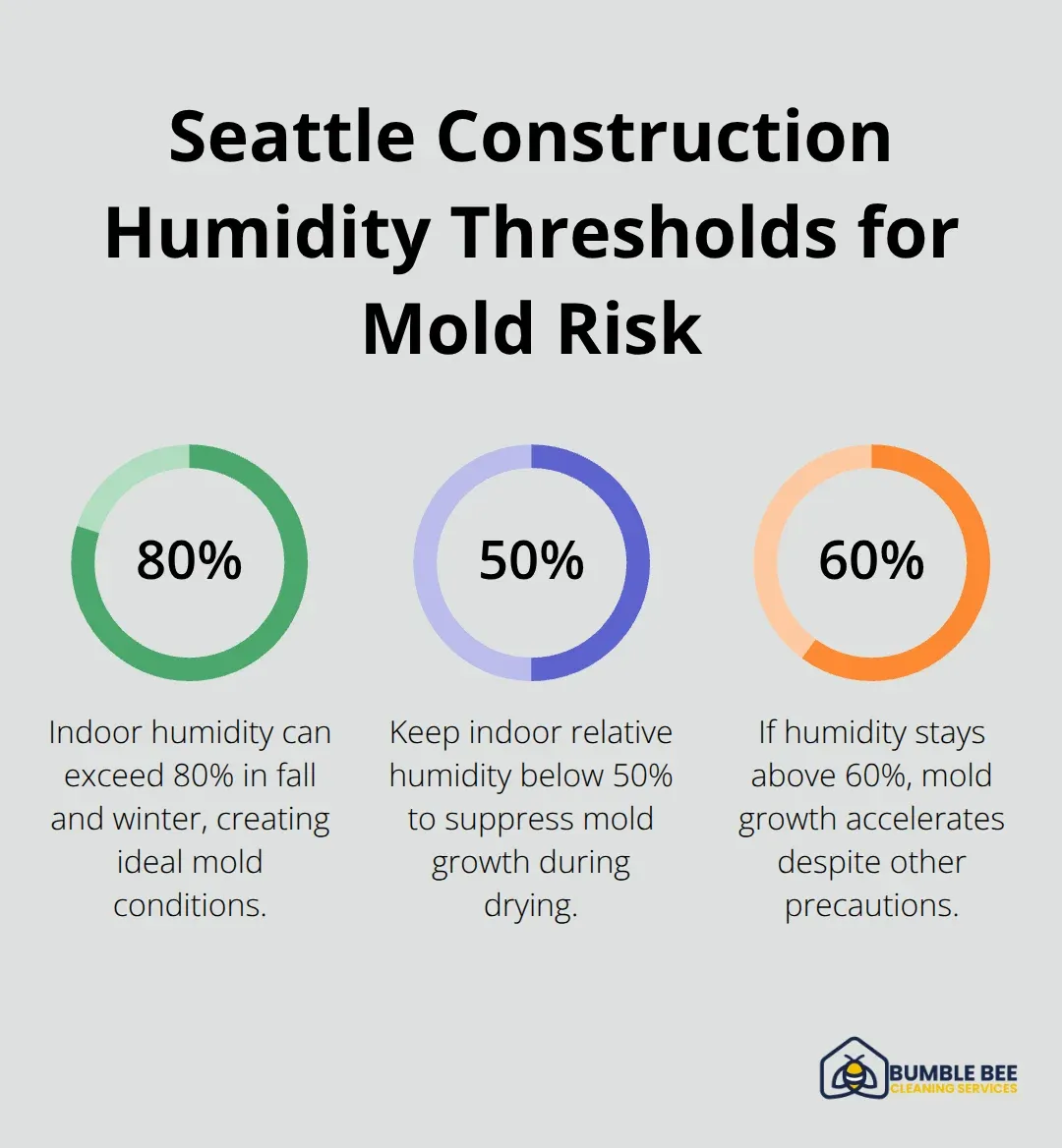 Percentage chart showing key indoor humidity thresholds that affect mold growth during Seattle construction drying.