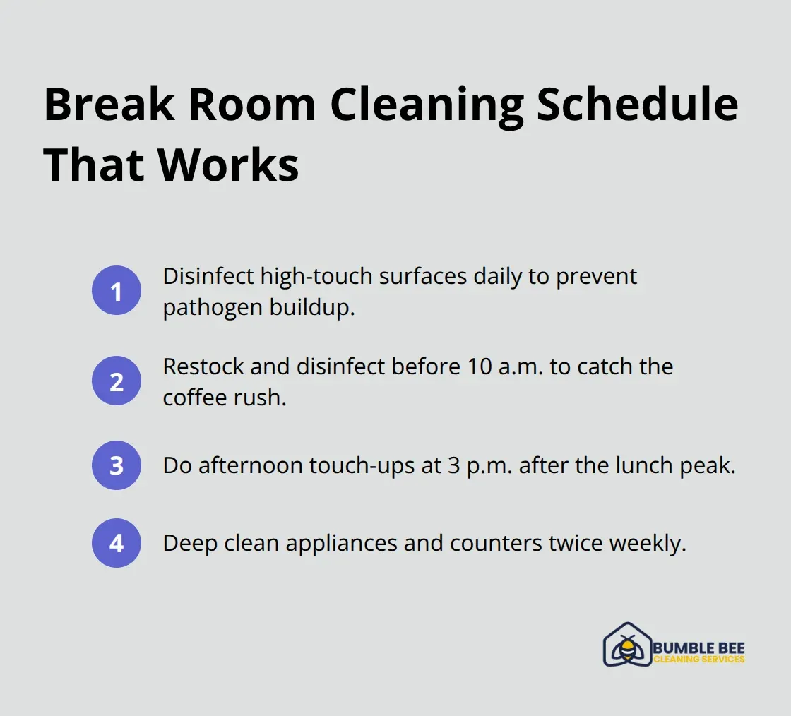 Compact checklist of optimal break room cleaning times and tasks - Office productivity