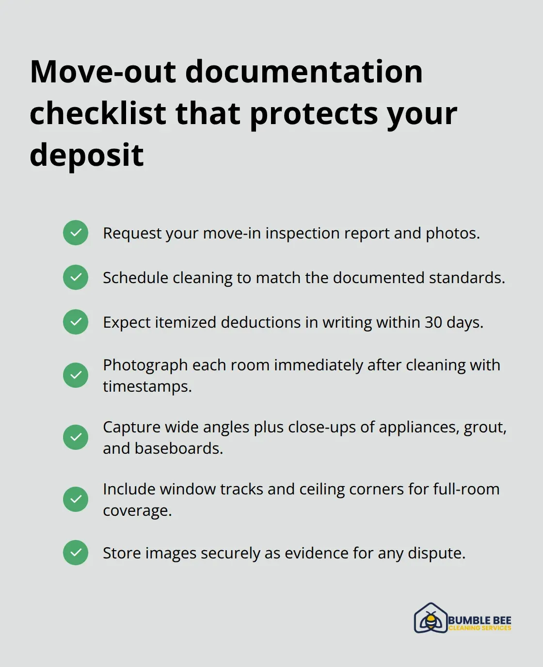 Checklist of steps to document professional move-out cleaning and condition - Property inspections