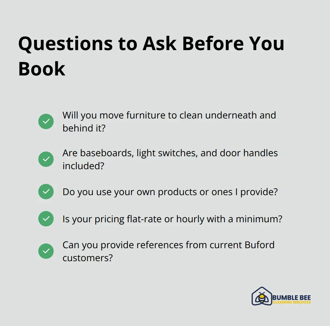 Checklist of key questions to ask Buford cleaning companies before booking