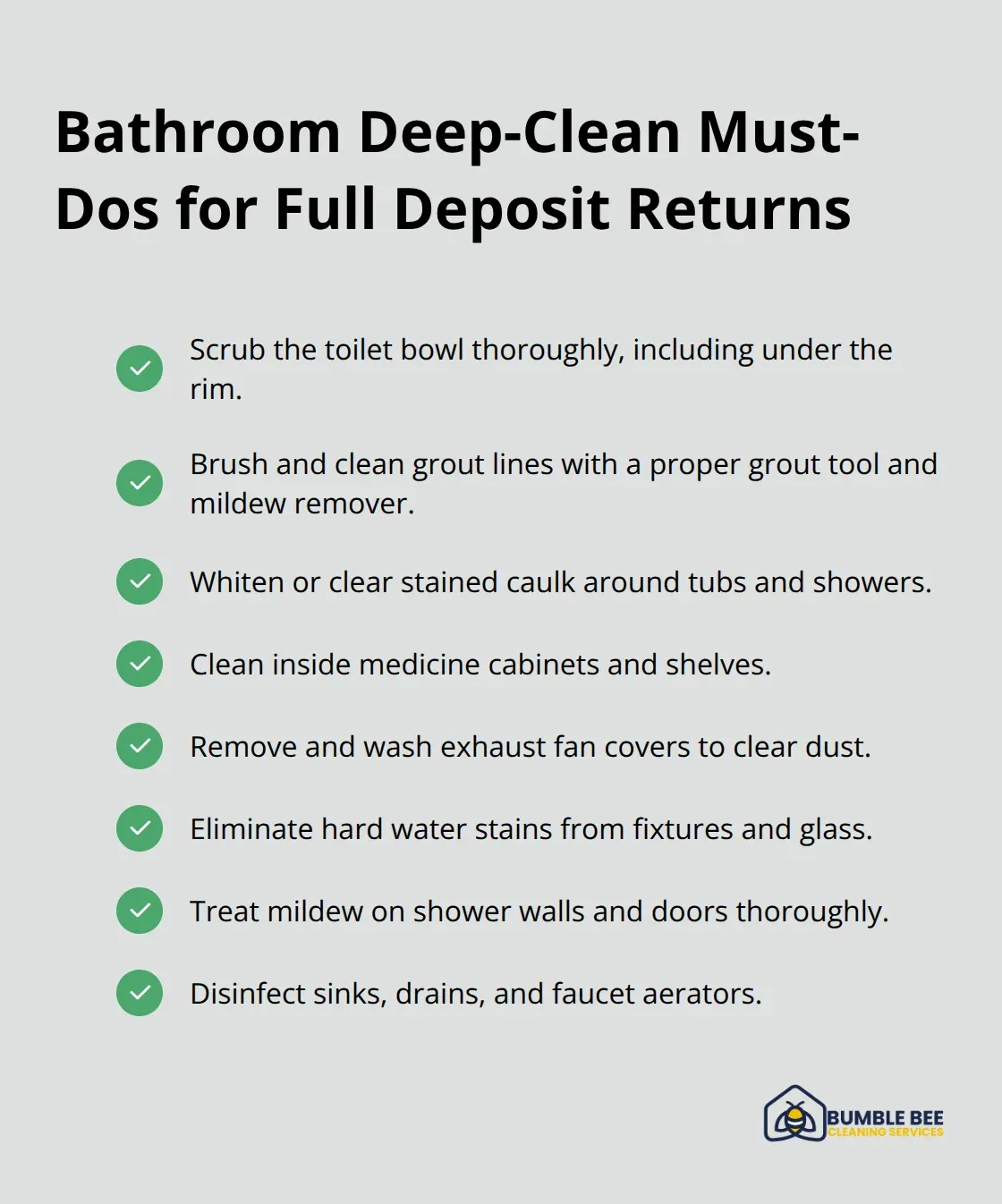 Checklist of bathroom cleaning tasks landlords check during move-out. - Lynnwood move out cleaning