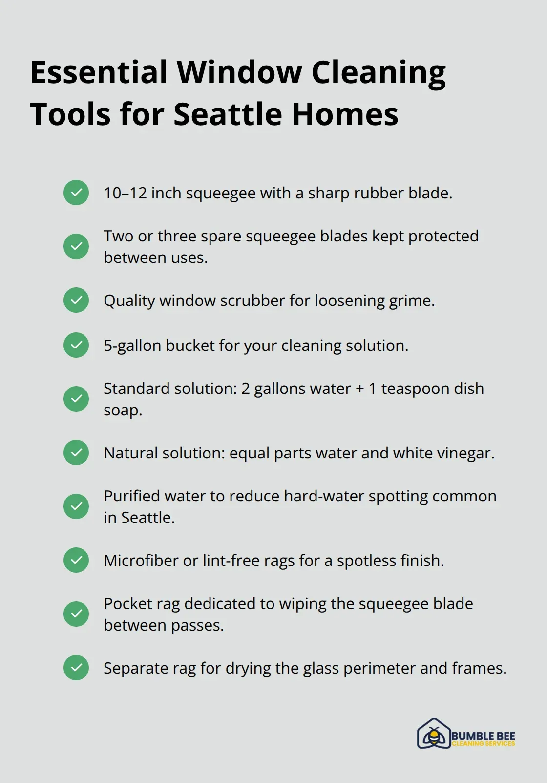 Checklist of must-have window cleaning tools and solutions for Seattle homeowners. - Seattle window cleaning guide