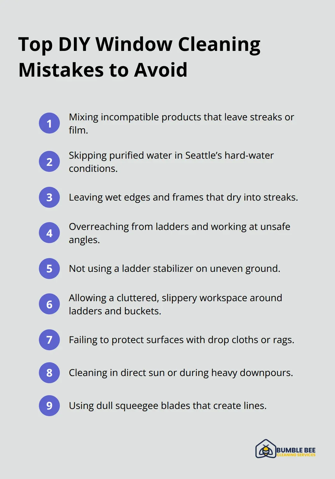 Compact ordered list of the most common DIY window cleaning mistakes and oversights.