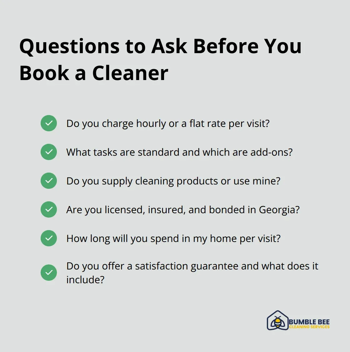 Checklist of key questions to ask cleaning companies in Johns Creek to compare quotes and quality. - Johns Creek cleaning costs