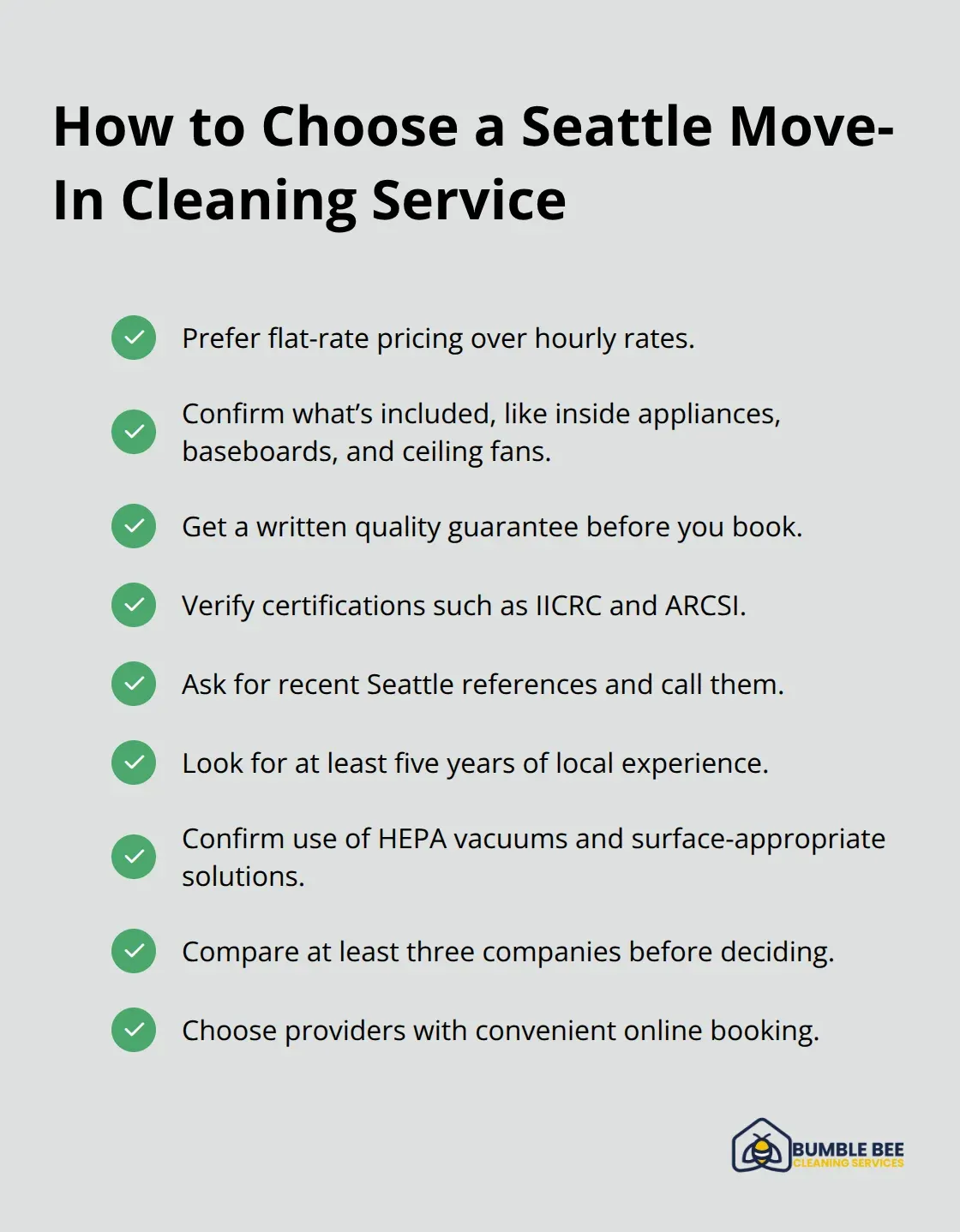 Checklist of criteria for selecting a reliable Seattle move-in cleaning company.