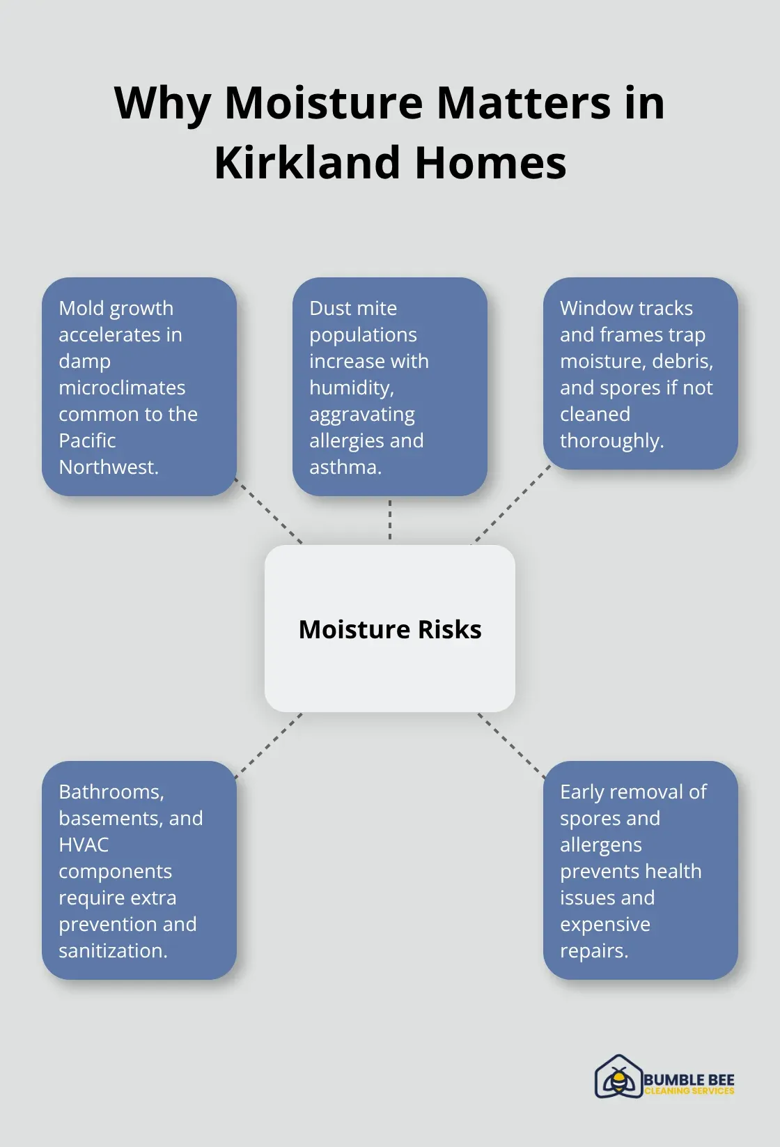 Infographic showing key moisture-related risks in Kirkland homes and how move-in cleaning mitigates them. - Kirkland move in cleaning