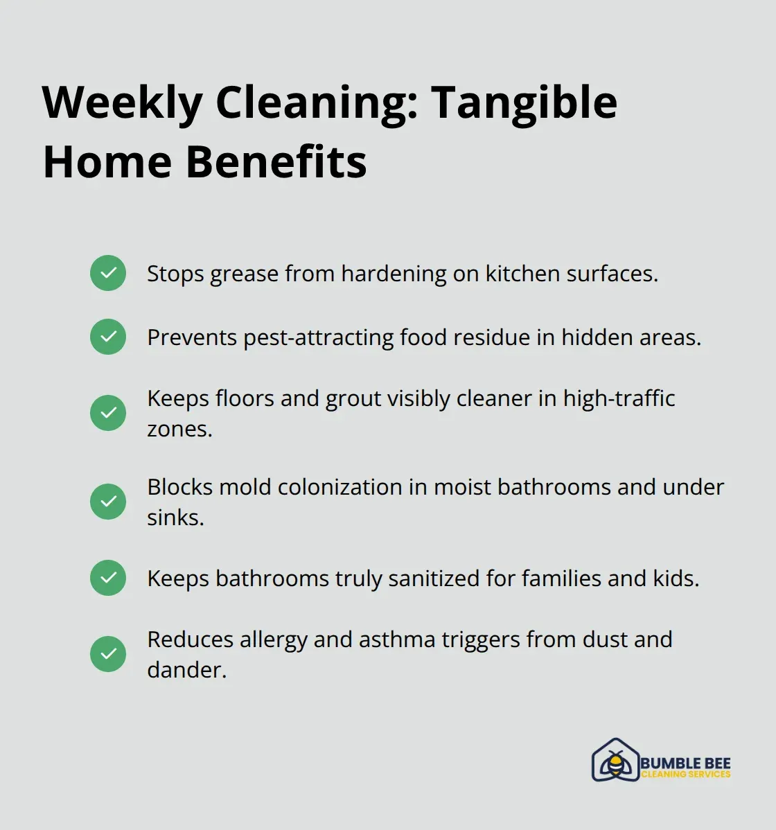 Checkmark list of real-world benefits Bellevue families see with weekly deep cleaning. - recurring cleaning benefits