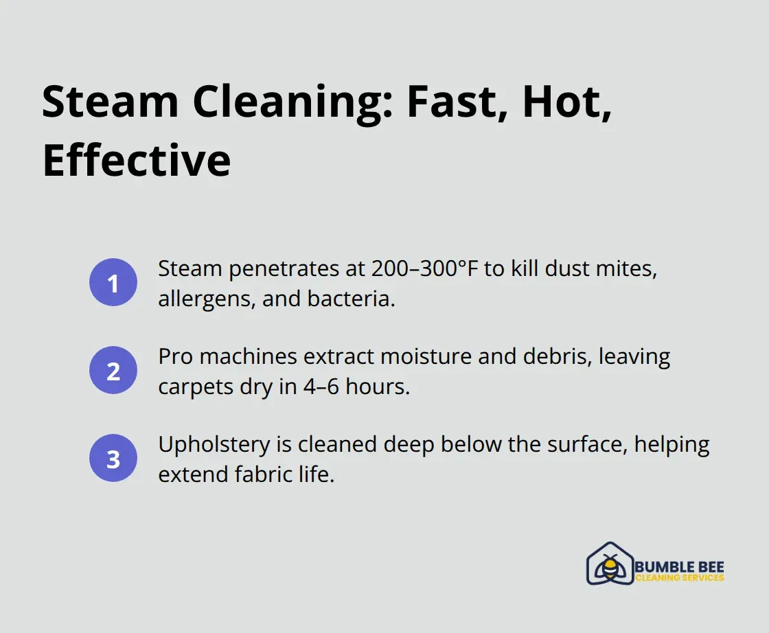 Compact list summarizing steam cleaning temperatures, fast dry times, and upholstery benefits. - seasonal deep cleaning
