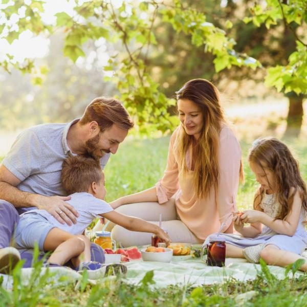 A father, mother, and two young children enjoying a picnic in the park.